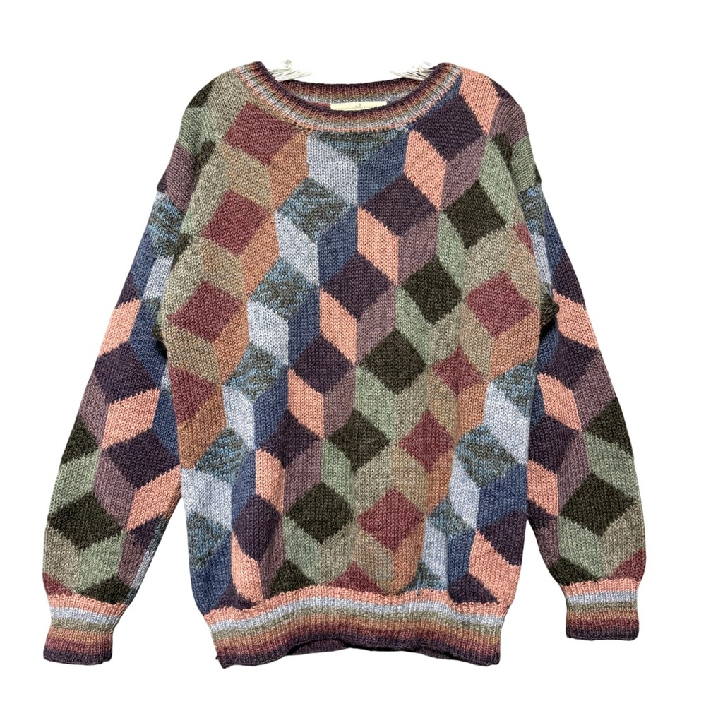 Peruvian Connection Sweater Mens XL Multicolor Alpaca Geometric Knit Artsy Boho